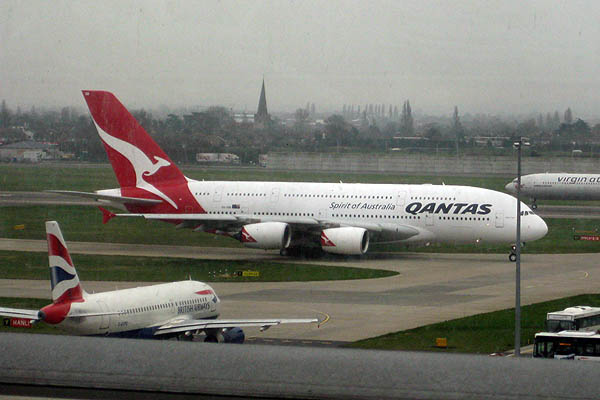 Qantas Airbus A380 at Heathrow Airport